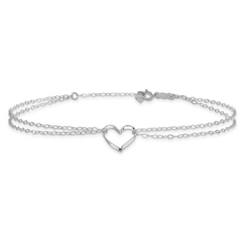 Curata 14k Yellow or White Gold Floating Heart Double Strand Anklet (9" or 10") - Over 9 Inches - White