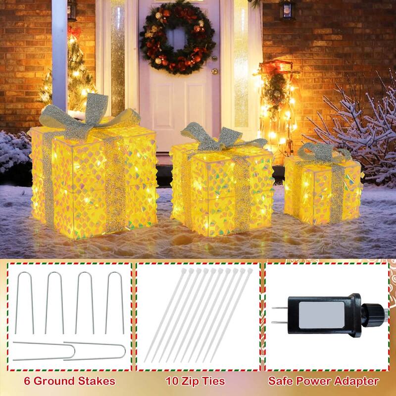 Costway 3 PCS Christmas Lighted Gift Boxes with 90 LED Lights Zip Ties - as pic shows - See Details