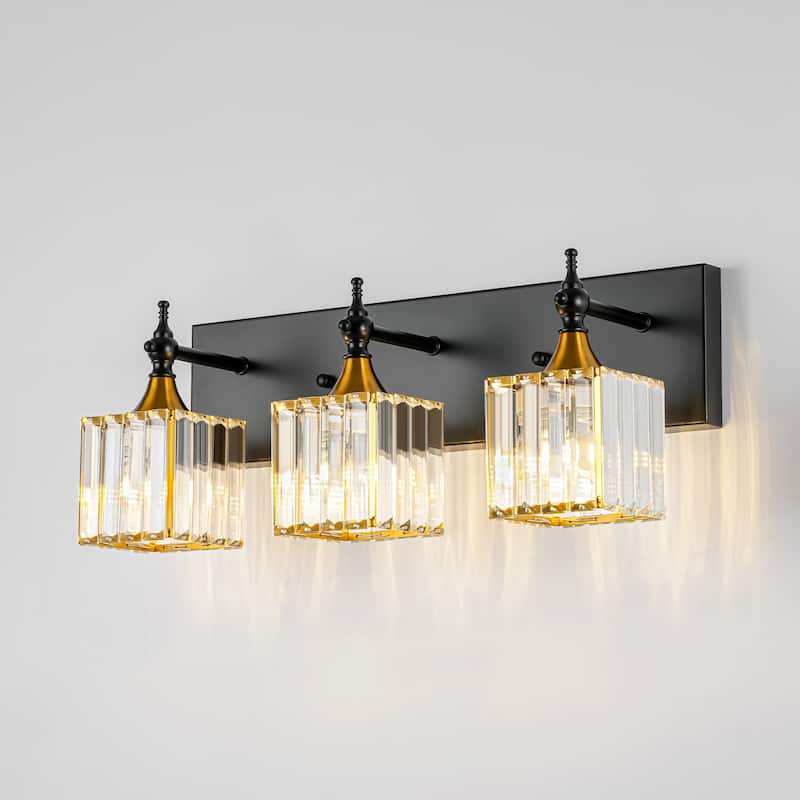 3/4-Light Modern Glam Dimmable Black Gold Crystal Bathroom Vanity Light