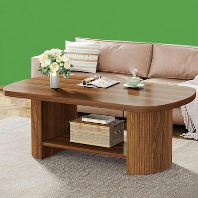 Tribesigns Oval Coffee Table 45 Inch Brown Mid Century Modern with Fluted Side and Dual Tier Storage