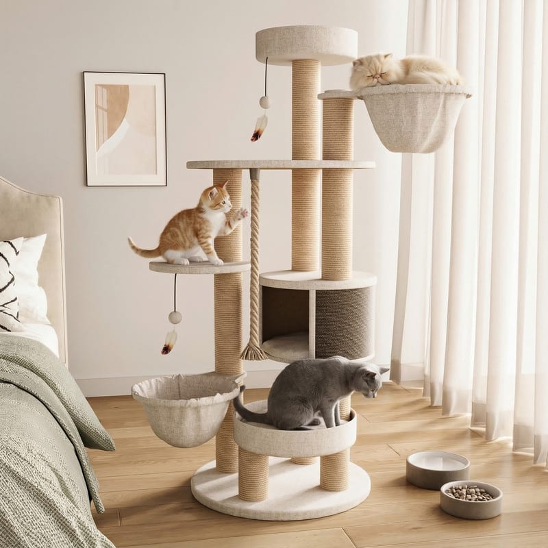 64"H Cat Tree Tower with Scratching Posts and Toys, Multi-Function Cat House for Indoor Cats - 64" - 64"