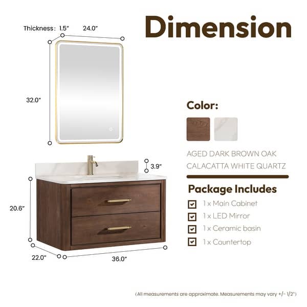 dimension image slide 8 of 10, Cristo Floating Bath Vanity with White Quartz Stone Top and Mirror