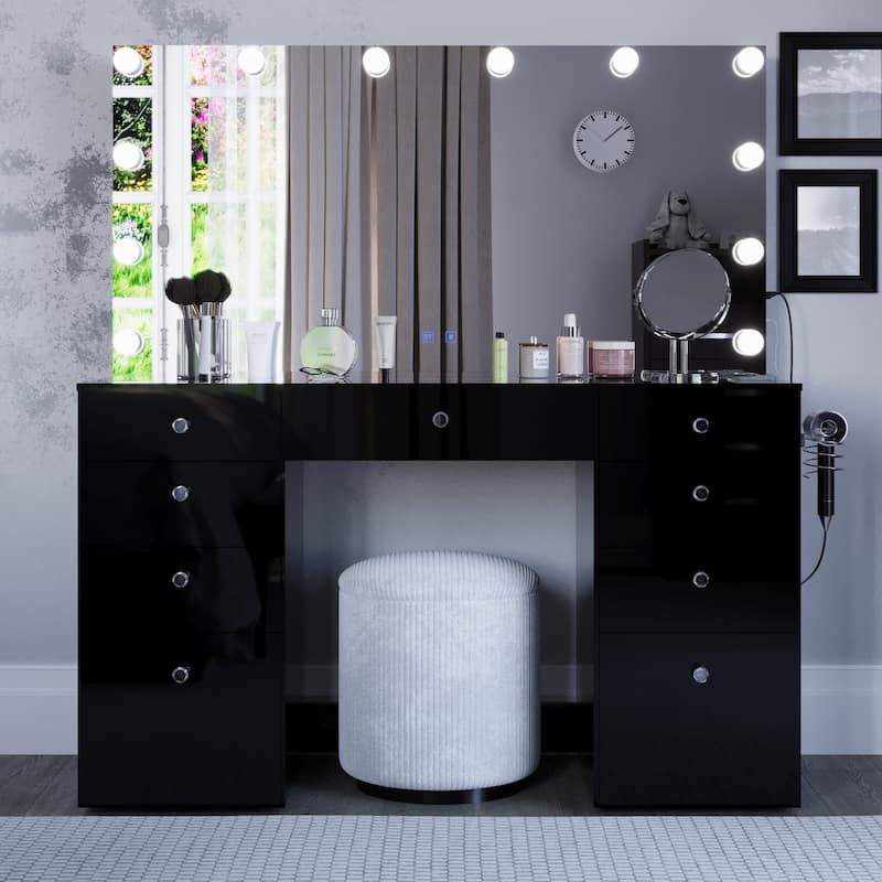 Makeup Vanity Desk w/ Bluetooth Speakers 9 Drawers Glam Glass Top Lighted Crystal Knobs Hairdryer Holder USB Ports