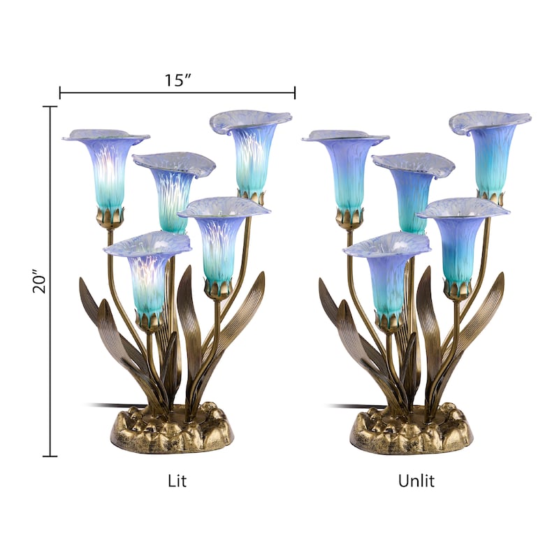 20-inch Antique Brass and Hand Blown Glass 5 Calla Lily Uplight Accent Lamp - 15" x 14" x 20"