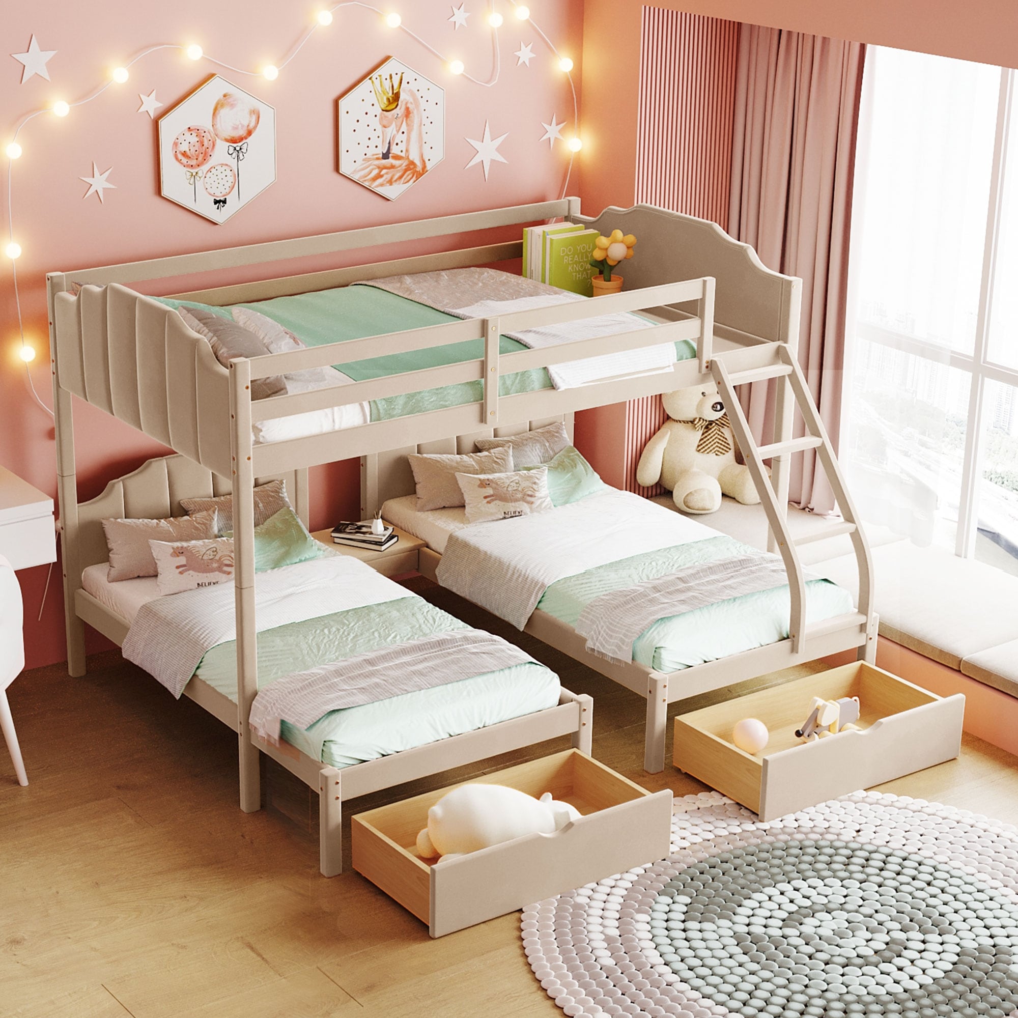 Velvet Triple Bunk Bed with Drawers Guardrails Full Over Twin Twin Solid Wood Bedframe for 3 Kids Convertible into 3 Beds
