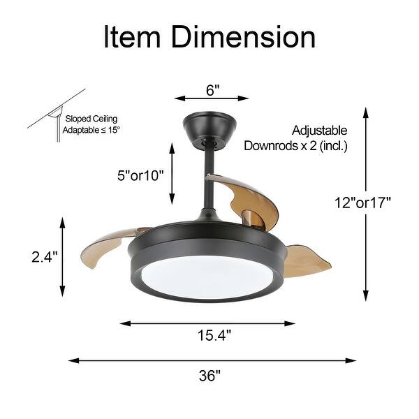 dimension image slide 3 of 5, 36" Modern Retractable Ceiling Fan with Led Light, 6-Speed Reversible Ceiling Fan with Remote - 36
