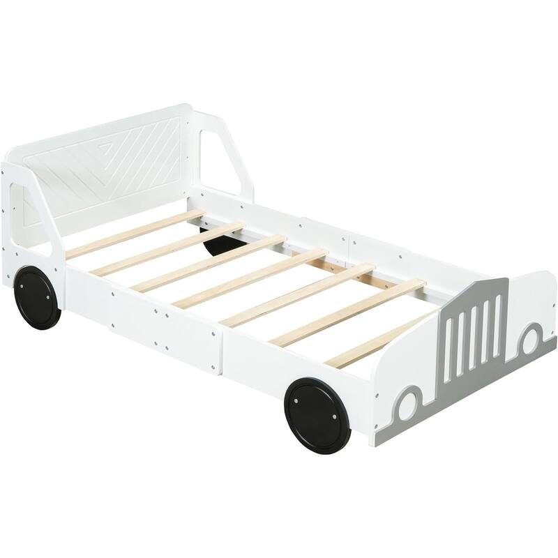 Twin/Full Car Bed for Kids, Car Shaped Platform Bed with Wheels, Headboard and Footboard, Toddler Car Bed Slat Support