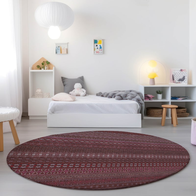 Machine Washable Indoor/ Outdoor Moroccan Stripes Chantille Rug - Merlot - 8' x 8'