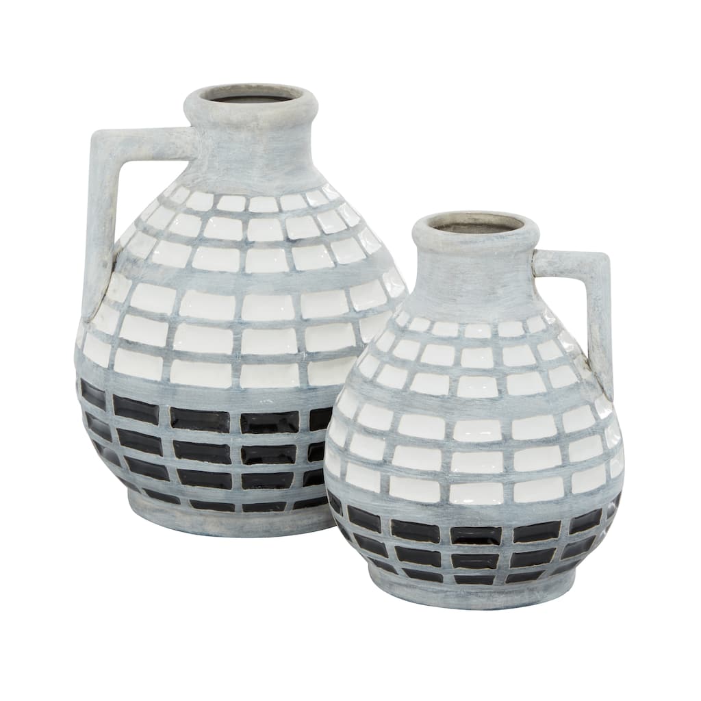 Ceramic Handmade Vase with Grid Pattern - Set of 2 Gray - Roche River Decor - 7"W x 7"L x 8"H