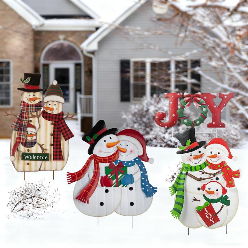 Glitzhome Metal Christmas Snowman Family Nutcracker JOY Yard Stakes Wall Decor