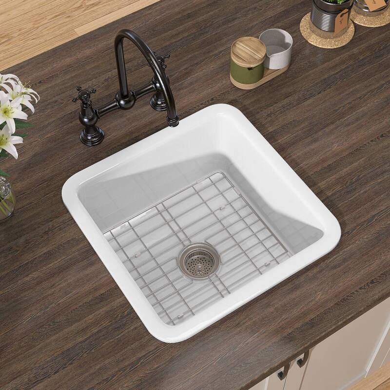 18" L X 18" W Fireclay Single Bowl Drop-In Kitchen Sink Undermount Farmhouse Sink With Accessory