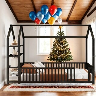 House-Shaped Full Size Metal House Bed with Fence-shaped Guardrail and Detachable Storage Shelves For Home