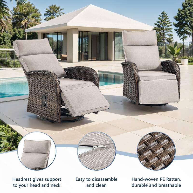 Meyreso 2-Piece Wicker Swivel Reclining Chaise Lounge with Adjustable Backrest & Footrest