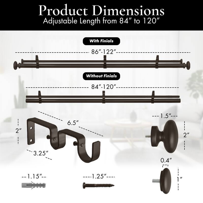 Meriville 1-Inch Diameter Prima Telescoping Double Window Treatment Curtain Rod