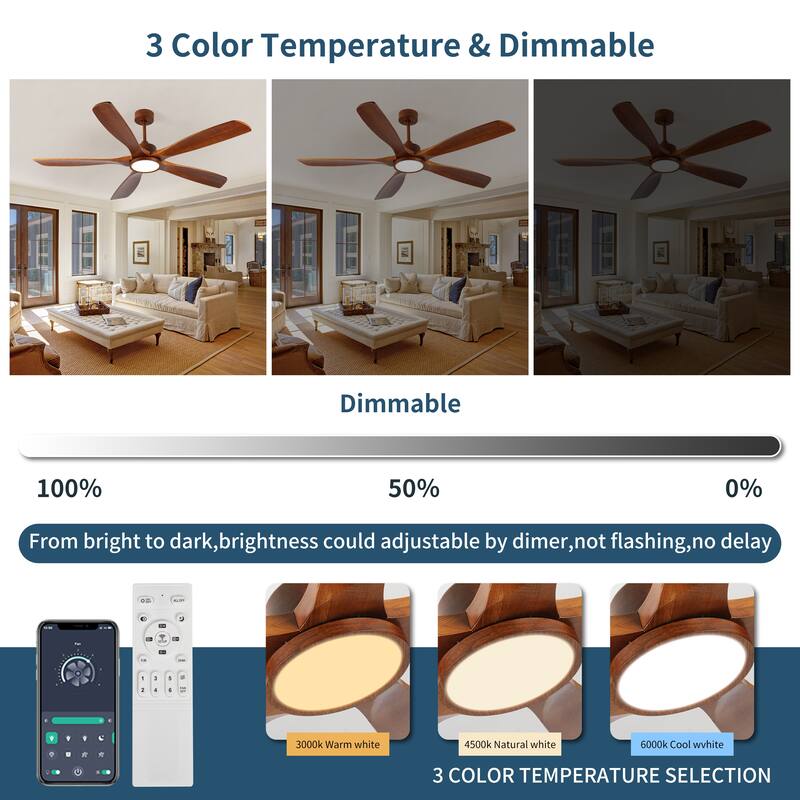 60 inch Wood Ceiling Fans with Remote,5 Solid Wood Blades,Low Profile Ceiling Fan with Light,6 Speed,Reversible DC Motor