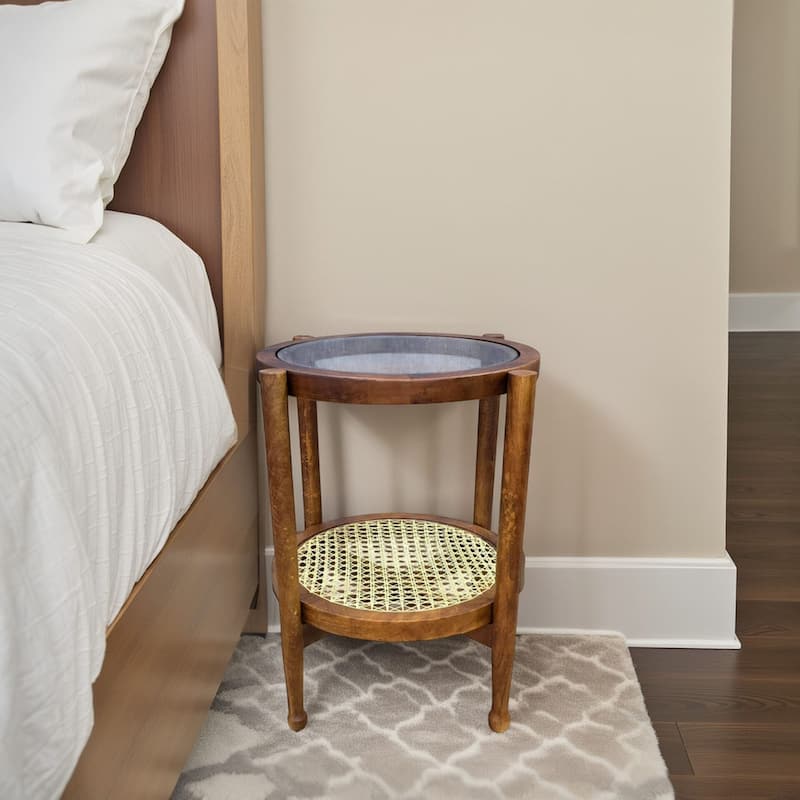21" Hyacinth Round Accent Table with Shelf - Elegant Glass Top and Wooden Frame Storage Table - Gold