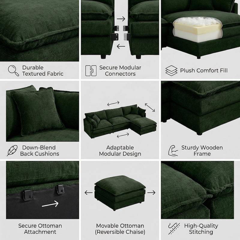 Homy Casa 102" L-Shaped Modular Sectional Sofa Movable Ottoman, Cloud-Style Chenille Couch, DIY Combination for Living Room Tray