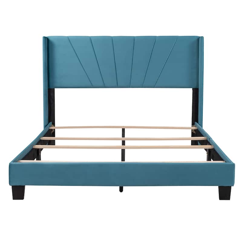 Velvet Upholstered Platform Bed Queen Size, Elegant Design, Sturdy