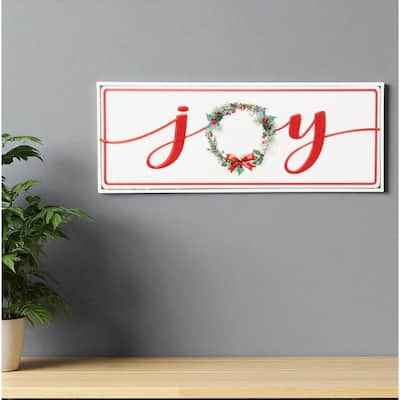 HomeRoots 7" X 19" White and Red Christmas Joy Metal Wall Decor