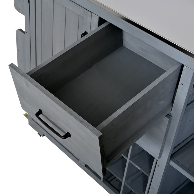60.2"W Rolling Outdoor Kitchen Island with Wheels and Stainless Steel Top, Wood Grill Cart with Spice Rack&Wine Rack