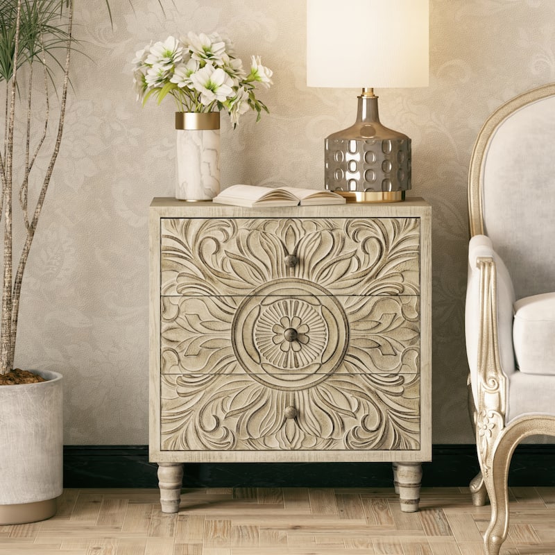 COZAYH Farmhouse 3 Drawer Nightstand with Craft Flower Motif Front, Distressed Boho Chest, French Country, Weathered White - 3-drawer