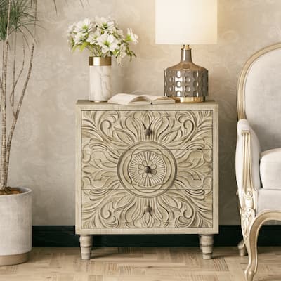 COZAYH Farmhouse 3 Drawer Nightstand with Craft Flower Motif Front, Distressed Boho Chest, French Country, Weathered White