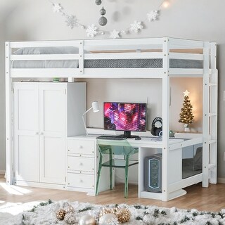 Full Loft Bed with Wardrobe, Desk, and Drawers - White