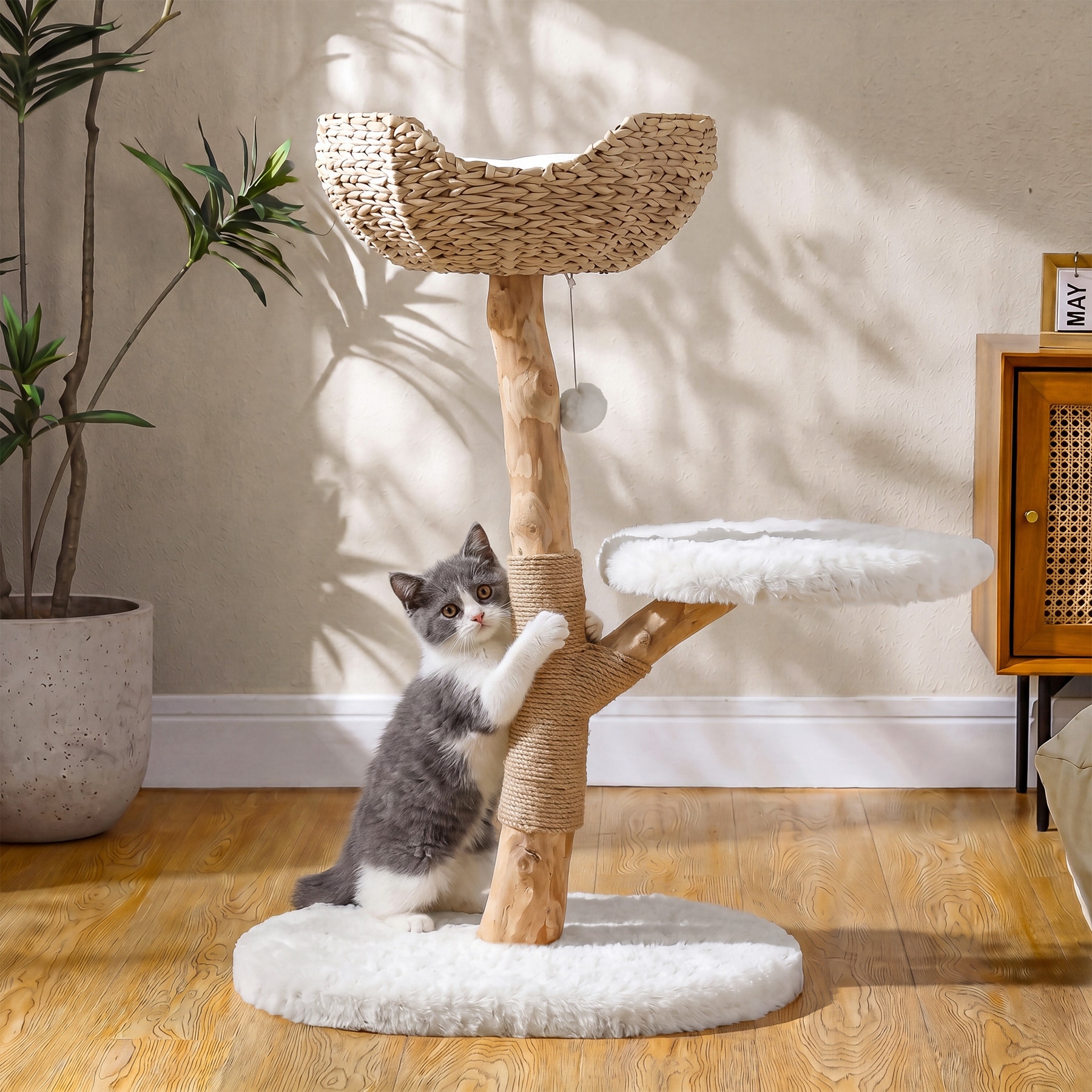 Solid Wood Cat Tree, Boho Cat Tower with Cat Ear Wicker Basket Bed, Scratching Post & Perch, Small Cat Tree for Indoor Cats