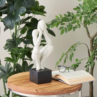 Cream Polystone Crouching People Decorative Sculpture with Black Square Base