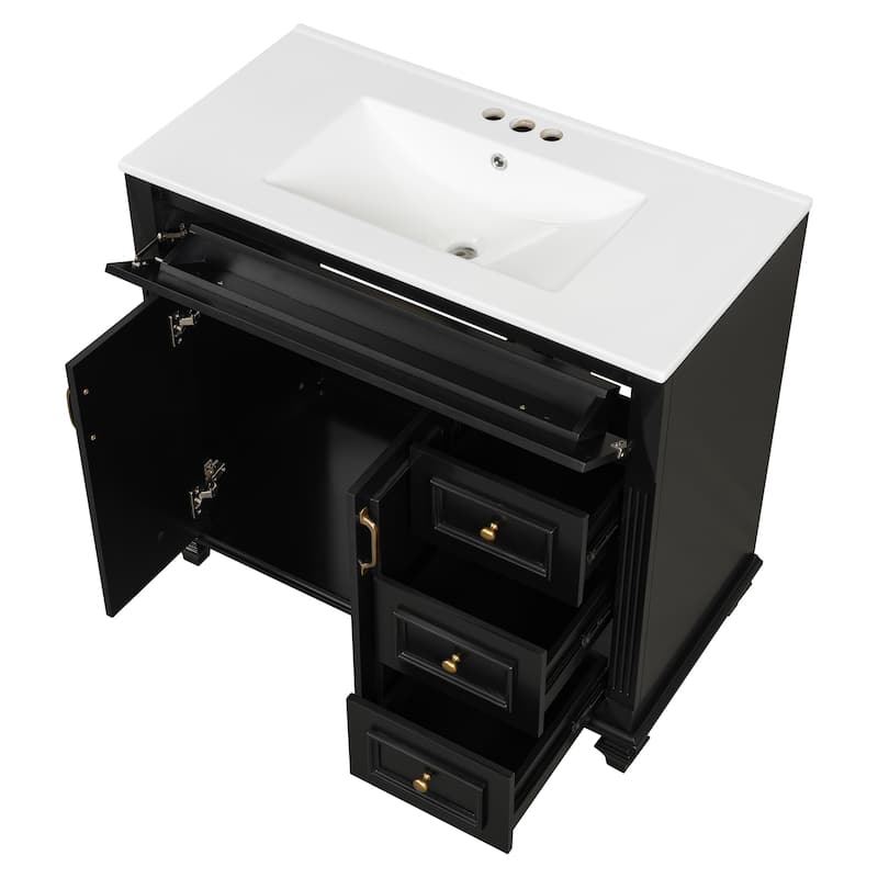 Roomfitters 36" Bathroom Vanity with Sink, Flip-Out Drawer, 3 Drawers, Soft-Close Doors, Solid Wood Cabinet