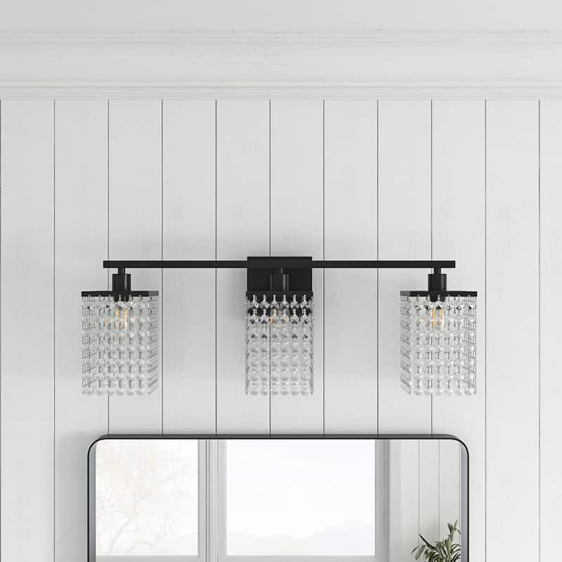 Modern Black Bathroom Vanity Light With Crystal Design - 3-Light: 25.98"