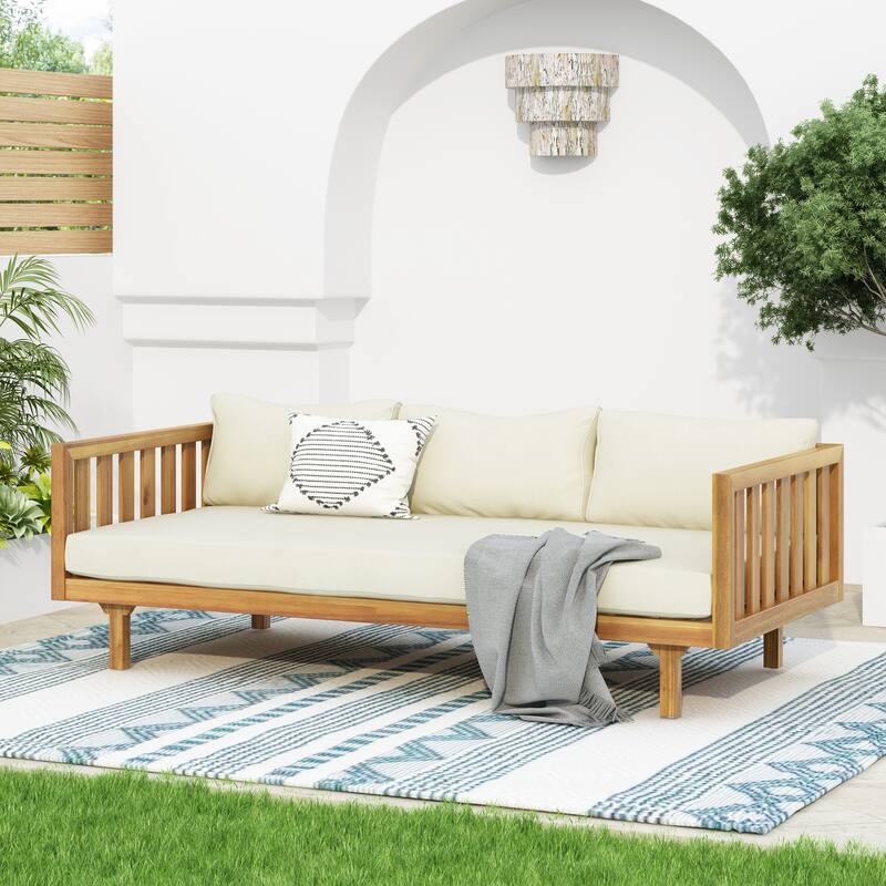 Acacia Wood Daybed Slat Panel Design Water Resistant Cushions Outdoor Patio - Beige,Teak