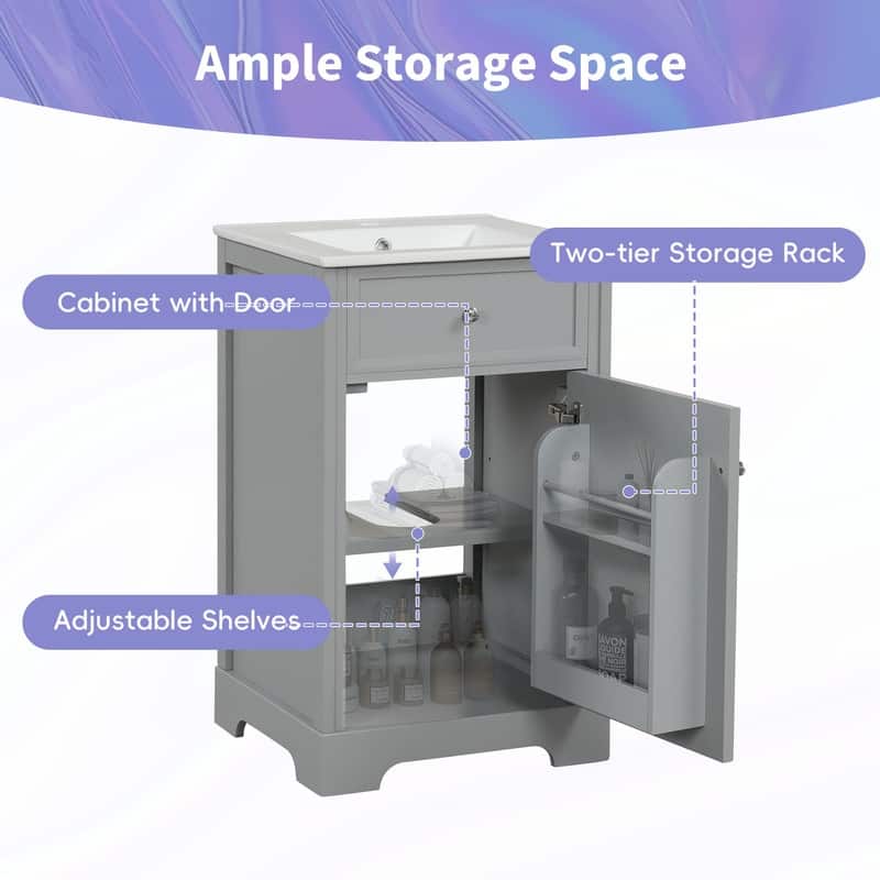 20" Bathroom Vanity with Sink – Soft-Closing Door Cabinet Featuring Storage Rack and Adjustable Shelf‌ - 20"L x 18"W x 34"H