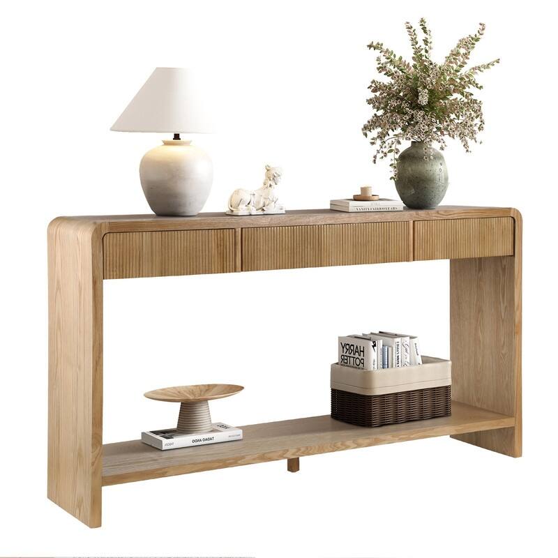 Modern 59" Console Table with 3 Drawers, Vertical Slats and Round Edge Design for Entryway or Hallway