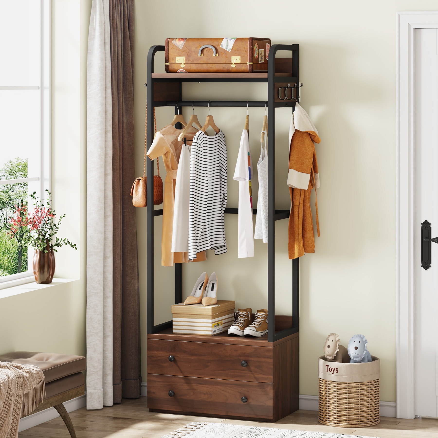 Freestanding Closet Organizer Small Clothes Rack Coat Rack with Drawers and Shelves