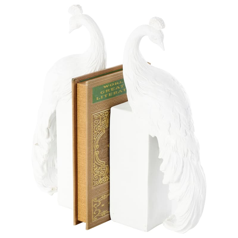 White Resin Textured Peacock Decorative Bookends with Tall Block Bases (Set of 2)