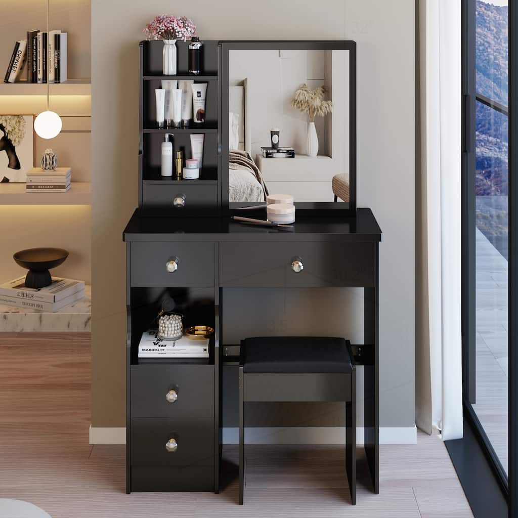 Compact and Practical Vanity Table Set with Extra Large Mirror and Multi-Layer Storage