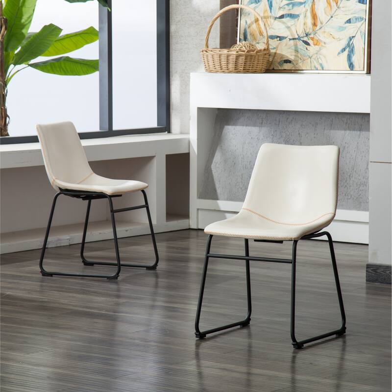 Vintage PU Leather Dining Chairs with Sleigh-Style Legs and Integrated Footstool, for Dining Rooms, Set of 2, White