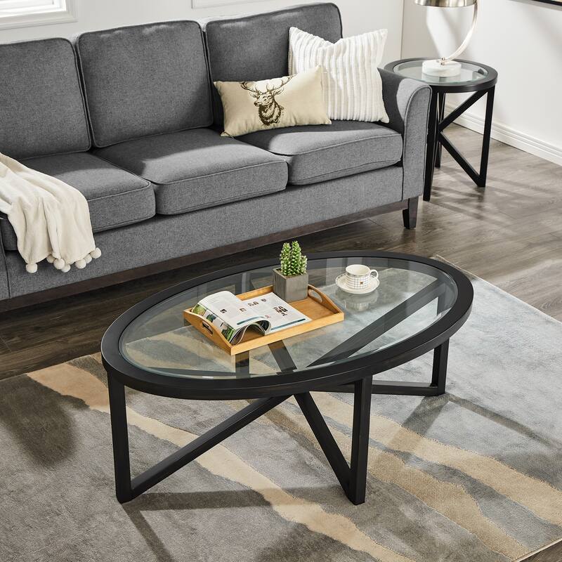 Roomfitters Modern Round Tempered Glass Coffee Table with Solid Wood Base, Clear Top Accent Table for Living Room