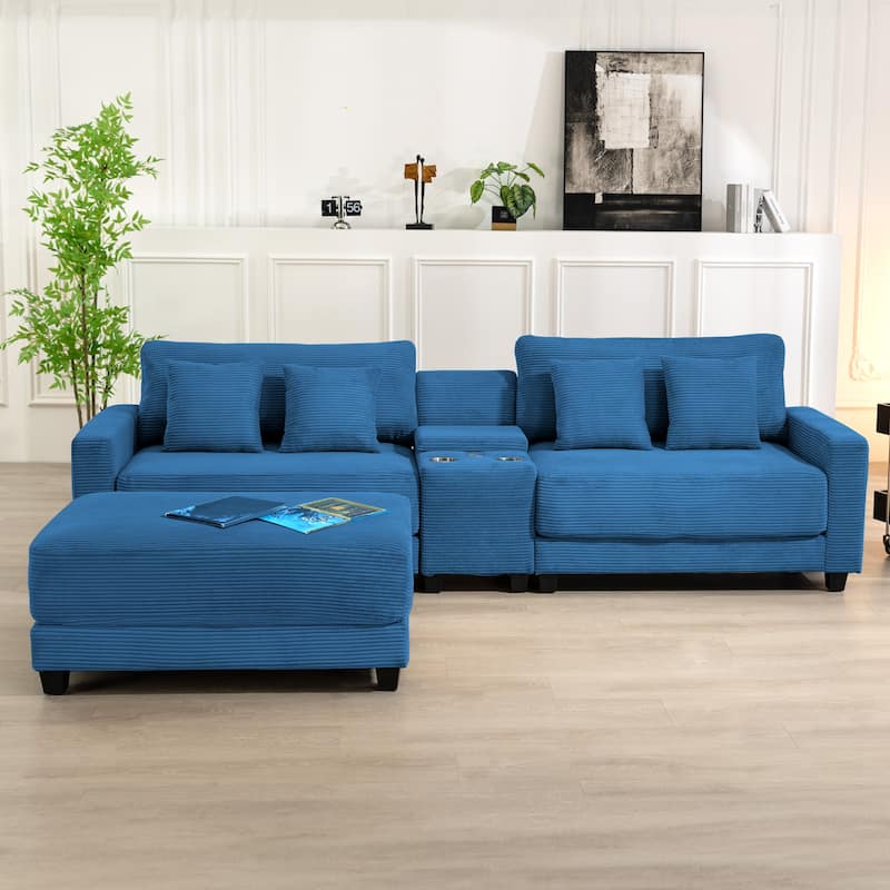 Oversized Corduroy Upholstered Sofa with a Removable Ottoman & 4 Pillows