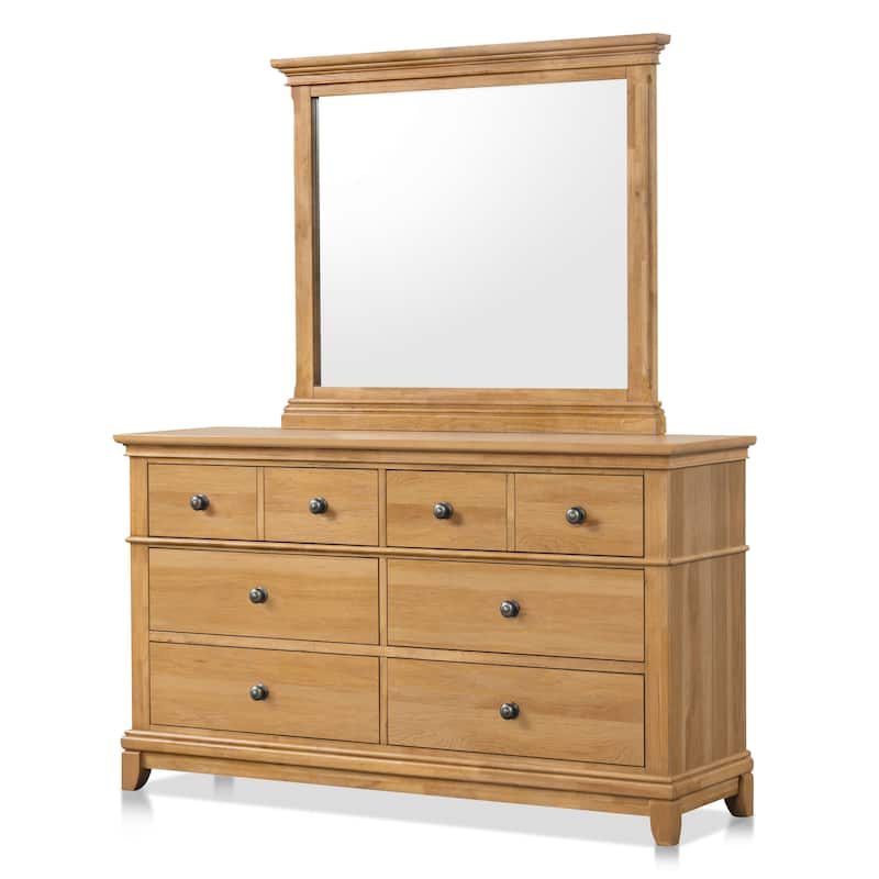 Furniture of America Wellington Farmhouse Natural Oak Wood 6-Drawer 2-Piece Dresser and Mirror Set
