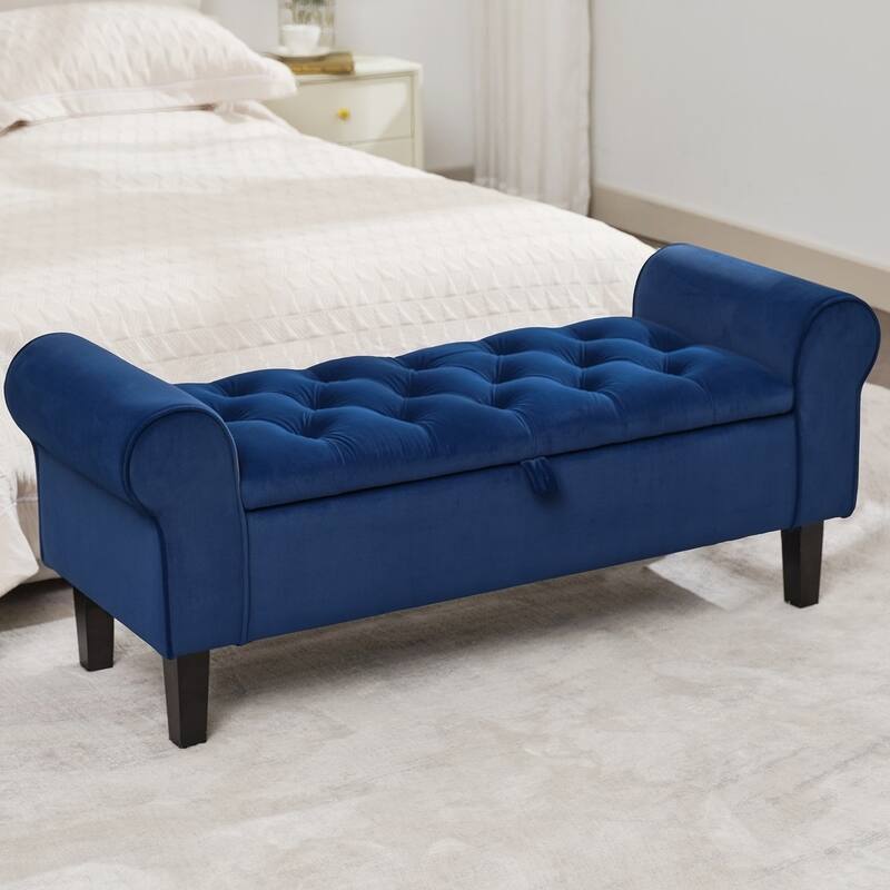 Velvet Storage Bench With Rubber Wood Legs for Bedroom