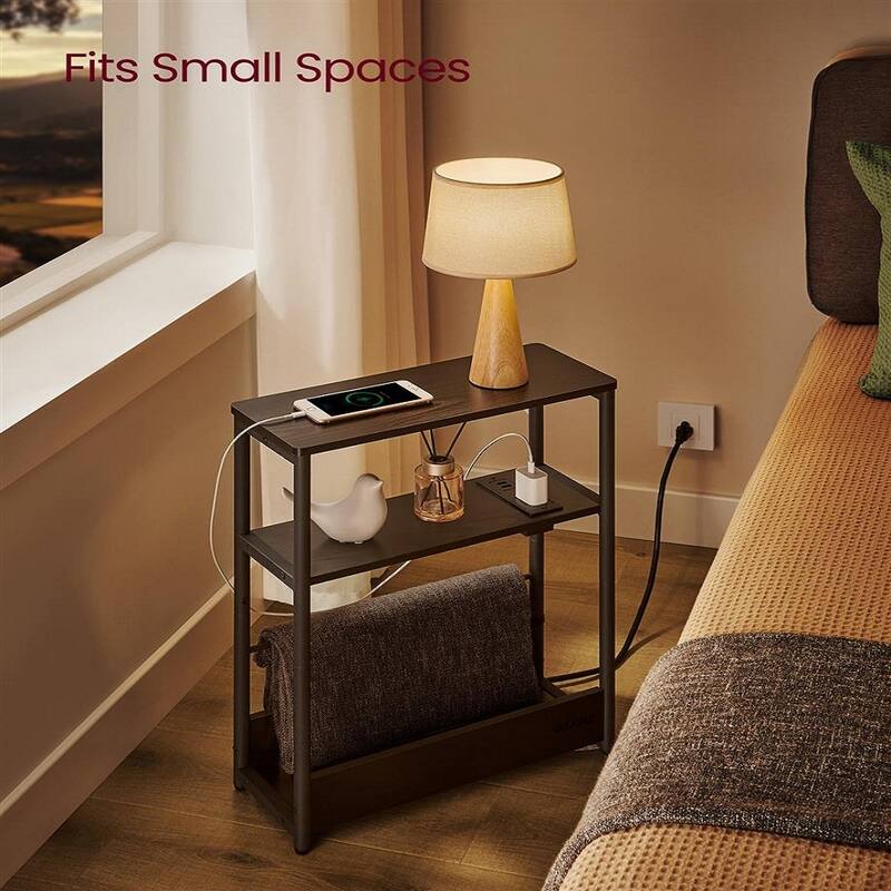 Space-Saving End Table with 3 Storage Shelves and Built-In Charging Station and Stable Steel Frame - 7.1"D x 17.7"W x 22.8"H