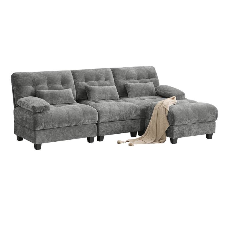 Sectional Sofa with Ottoman, Chenille Fabric Sofa with 4-Position Adjustable Backrest & 3 Pillows, Comfy Upholstered 3 Seat Sofa
