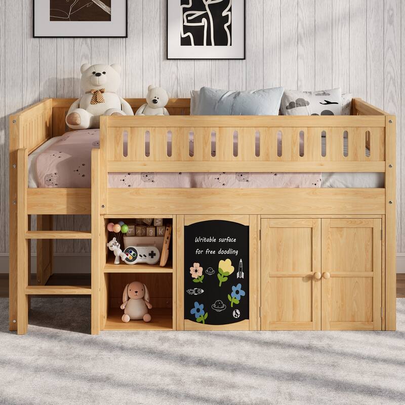 Wooden Full Size Loft Bed with Double-Door Storage Cabinet, Open Shelves and Chalkboard Panel