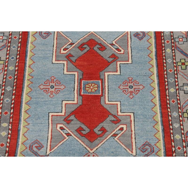 Light Blue Geometric Kazak Foyer Rug Hand-Knotted Wool Carpet - 3'6" x 5'3"
