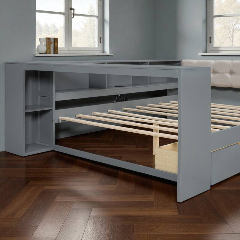 Wood Twin/Full Platform Bed with Upholstered Headboard, Storage Shelves, Drawers and Charging Station, No Box Spring Needed