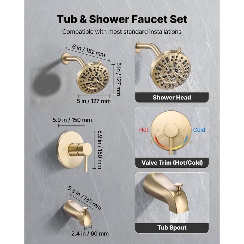 Gold ABS and Stainless Steel 4-Piece Tub and Shower Faucet Set with 8-Mode Shower - 5 x 3.58 in