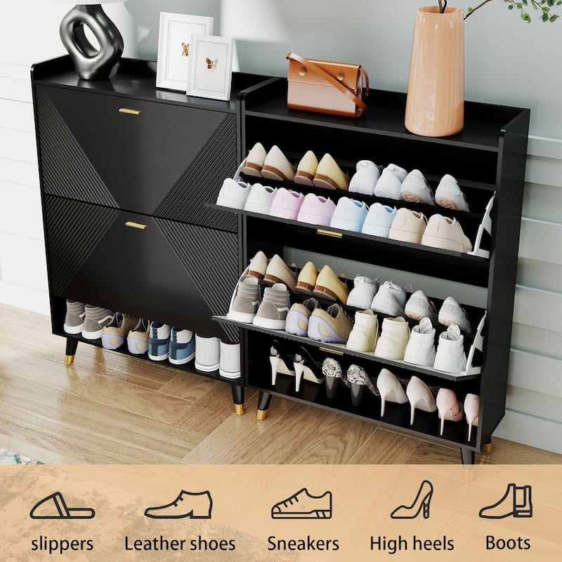 Slim Shoe Cabinet, Fluted Hidden Shoe Storage Cabinet with 2 Flip Drawers