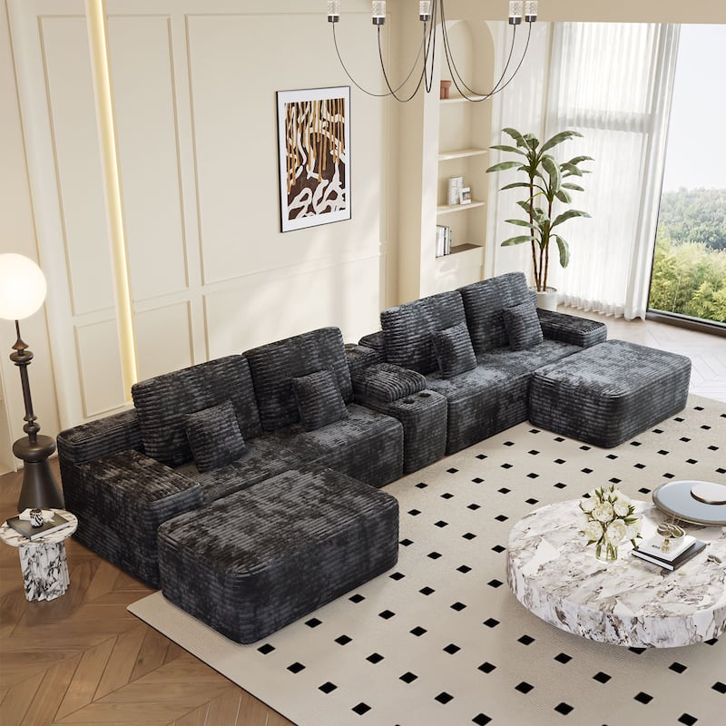 Corduroy Sectional Sofa with Ottomans, Console Table with Storage Box, Charging Station, Cup Holders and Bluetooth Speaker